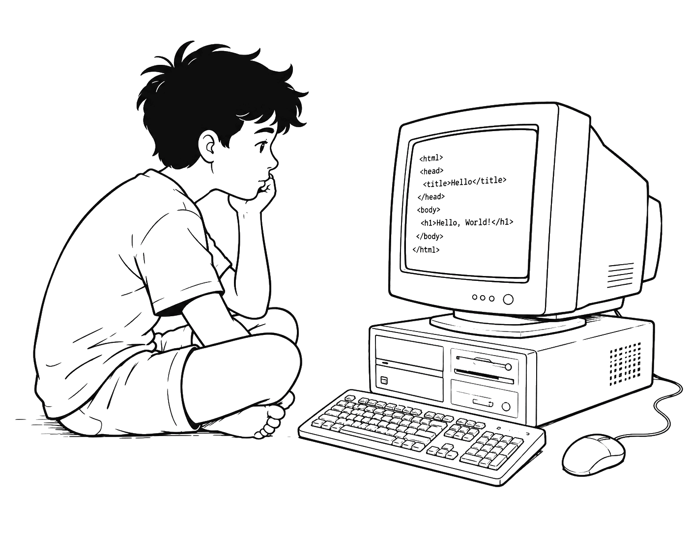 Illustration of a kid writing his first HTML on a CRT computer